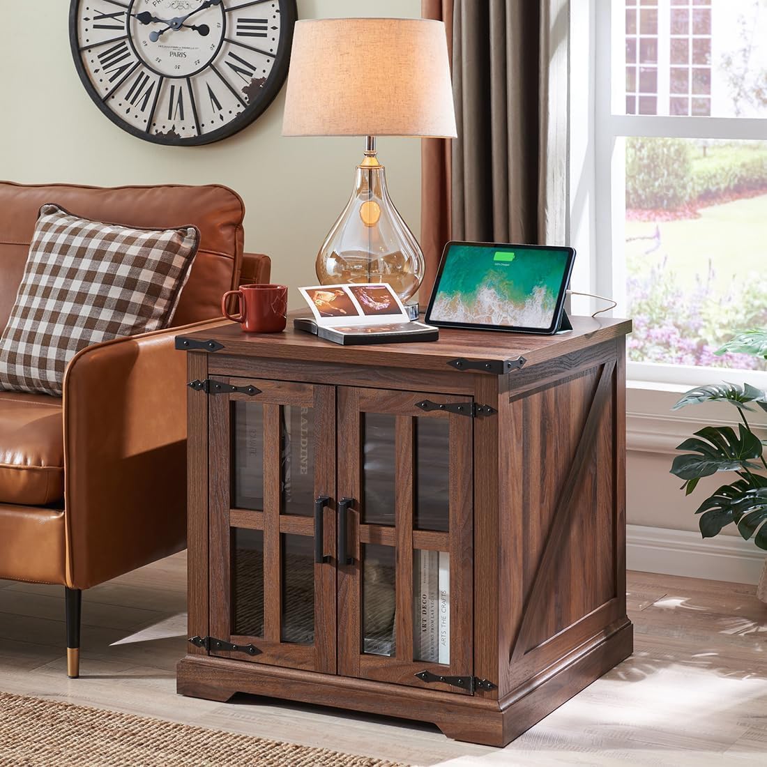 Farmhouse End Table with Charging Station,24" Large Side Table with Glass Barn Door, Rustic Wood Nightstand Bedside Table with Adjustable Storage Shelf for Living Room, Bedroom,Walnut,2 pack