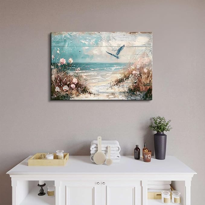 Seagull Wall Art Pink Flowers Canvas Prints Ocean Wall Decor Seabird Painting Beach Picture Nautical Poster Coastal Photo Vintage Seascape Artwork Framed for Kitchen Living Room Home Decoration 16x24