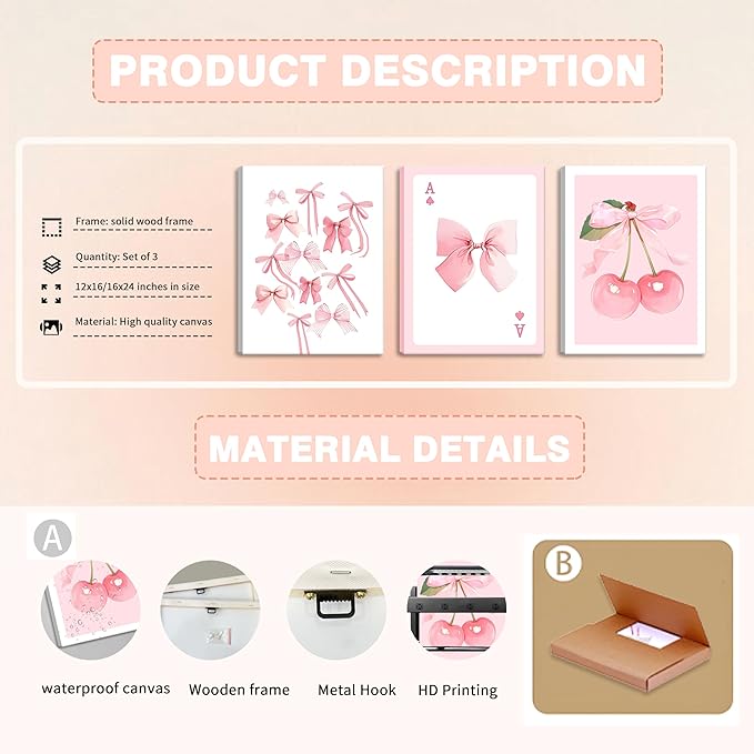 Trendy Pink Bows Canvas Wall Art Set of 3, Vintage Preppy Cherry Posters Prints, Pink Girly Room Aesthetic Wall Decor Painting for College Apartment Living Room Bedroom 12x16 In Framed