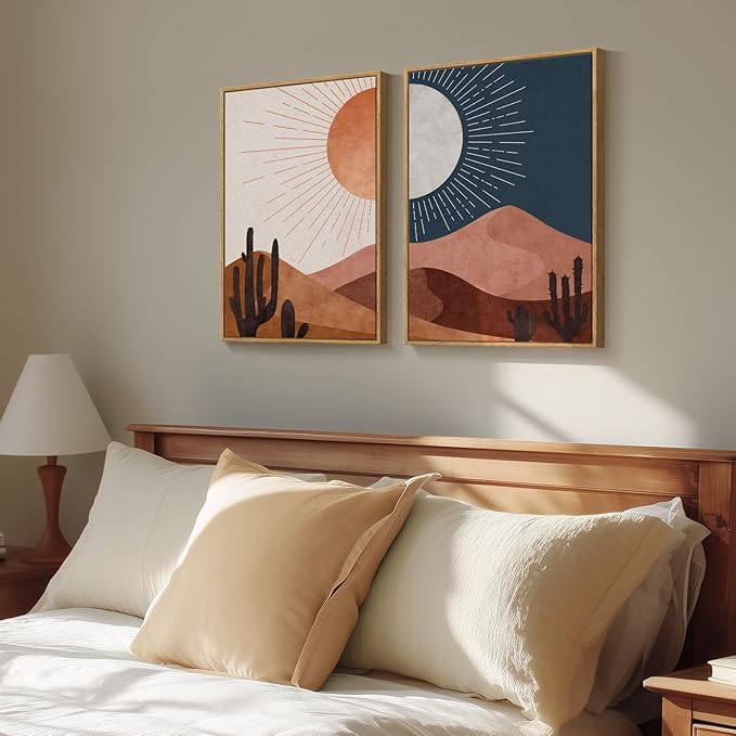 Framed Boho Sun and Moon Wall Art for Room Decor, Set of 2 Desert Cactus Landscape Artwork, Mid Century Modern Bohemian Paintings Prints for Living Room Bedroom Office Hallway Wall Decor, 16x24 Inch
