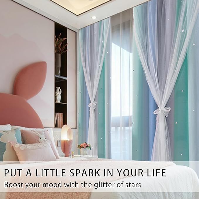 XiDi Blue Green Grey Curtains for Girls Bedroom Decor Kids Blackout Curtains for Nursery Room Darkening Rainbow Princess Unicorn Wall Decals Little Girl 52x45 Inches Long 2 Panels Set