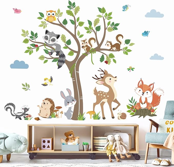 decalmile Woodland Animals Tree Wall Decals Forest Animals Deer Fox Rabbit Racoon Wall Stickers Living Room Baby Nursery Kids Room Wall Decor