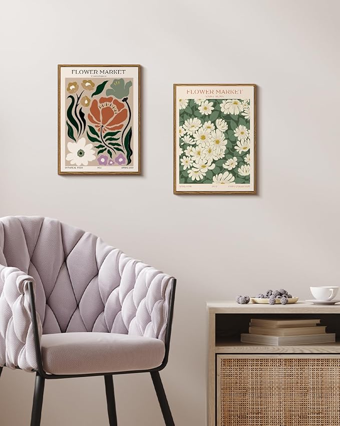 Vintage Framed Daisy Flower Market Wall Art 12x16, Boho Green Botanical Canvas Print White Floral Bedroom Living Room Artwork, Retro Aesthetic Modern Rustic Minimalist Gallery Wall Decor