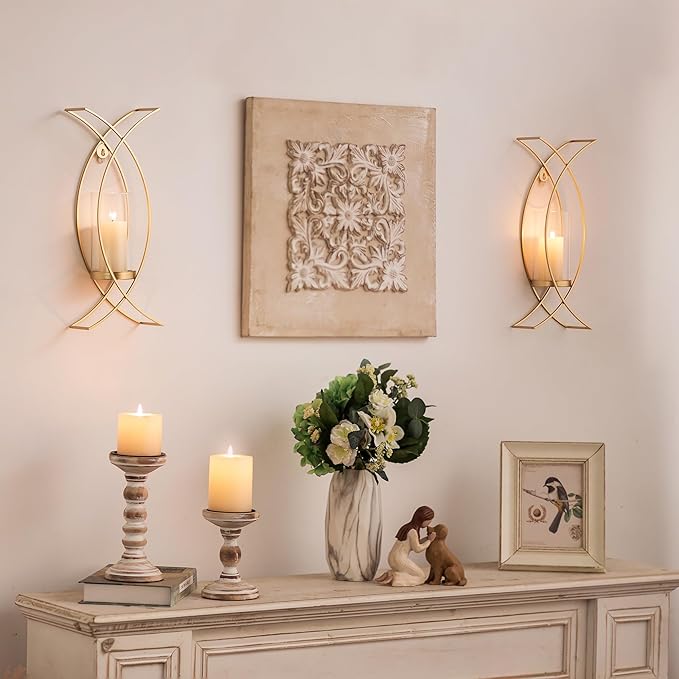 Candle Sconces Wall Decor Set of 2: Wall Hurricane Candle Holder Modern Metal Wall Mounted Gold Sconces Decorations for Living Room Bedroom Bathroom Hallway Outdoor