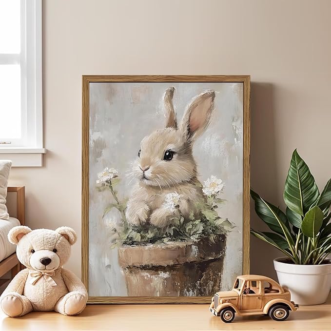 Framed Vintage Easter Bunny Wall Art, Cute Cottagecore Rabbit Floral Pictures Wall Decor, Spring Farmhouse Animal Paintings Prints Rustic Home Decor for Living Room Bedroom Nursery 8x10 inch