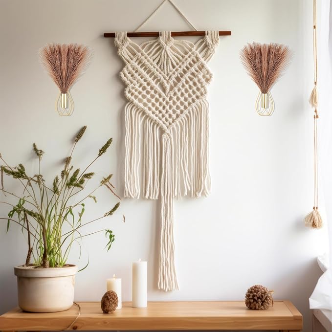 Otoolling 2 Pieces Hanging Plant Wall Decor with Artificial Pampas Grass Metal Hanging Vase Modern Geometric Farmhouse Bohemian Wall Art for Living Room Bedroom Kitchen Bathroom Office(Gold, Brown)