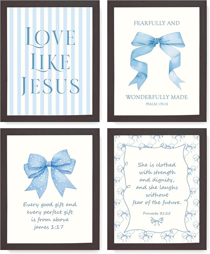 LARTSFRO Coquette Blue Bow Jesus Wall Art Decor Posters, Light Blue Bow Room Bedroom Bathroom Dorm Wall Art Decor Aesthetic for College Teen Girls Gifts, Inspirational Bible Verses Bow Wall Decor, 10x8 Inch Set of 4 Bow Pictures (DARK FRAMED)