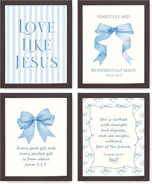 LARTSFRO Coquette Blue Bow Jesus Wall Art Decor Posters, Light Blue Bow Room Bedroom Bathroom Dorm Wall Art Decor Aesthetic for College Teen Girls Gifts, Inspirational Bible Verses Bow Wall Decor, 10x8 Inch Set of 4 Bow Pictures (DARK FRAMED)