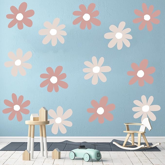 TaoBary 12 Sheet Daisy Wall Sticker Decal Removable Cute Daisy Bedroom Room Decor Flower Wall Sticker Pink White Flower Decal Wallpaper Peel and Stick for Nursery Home(Grey Color,Simple Style)
