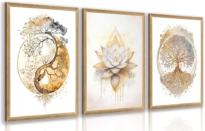 GELDSTEI Tree of Life Wall Art, Calming Zen Wall Decor, Abstract Yin Yang Tree Canvas Painting, Modern Gold Lotus Flower Meditation Poster Print for Living Room Yoga Room Bedroom Wood Framed Set of 3, Each 12x16 Inch