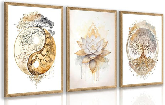 GELDSTEI Tree of Life Wall Art, Calming Zen Wall Decor, Abstract Yin Yang Tree Canvas Painting, Modern Gold Lotus Flower Meditation Poster Print for Living Room Yoga Room Bedroom Wood Framed Set of 3, Each 12x16 Inch