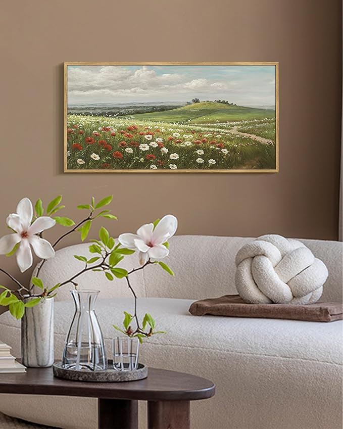 SHENIFY Vintage Landscape Framed Wall Art Meadow with Flowers Scenery Farmhouse Decor Rustic Retro Grassland Floral Field Painting for Kitchen Bedroom Living Room Bathroom - 8x16in Natural Framed