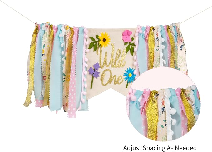 Wildflower High Chair Banner - Floral "Wild One" First Birthday Decor for Girls, Spring Theme Highchair Garland, 1st Birthday Party Decoration, Baby Shower Photo Backdrop