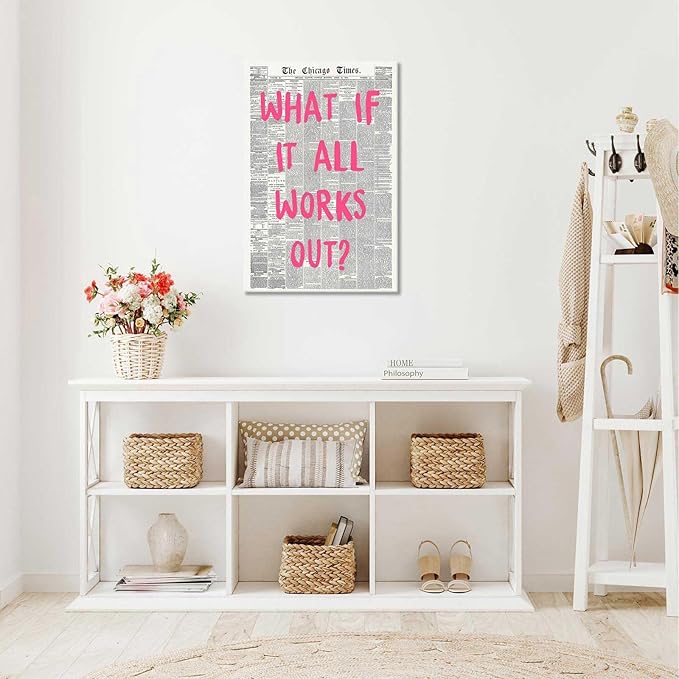 Drimiler What If It All Works Out Poster Retro Newspaper Pink Font Canvas Wall Art Positive Affirming Quote Minimalist Prints Painting For Home Bedroom Dorm Wall Decor 8x12in Wframed