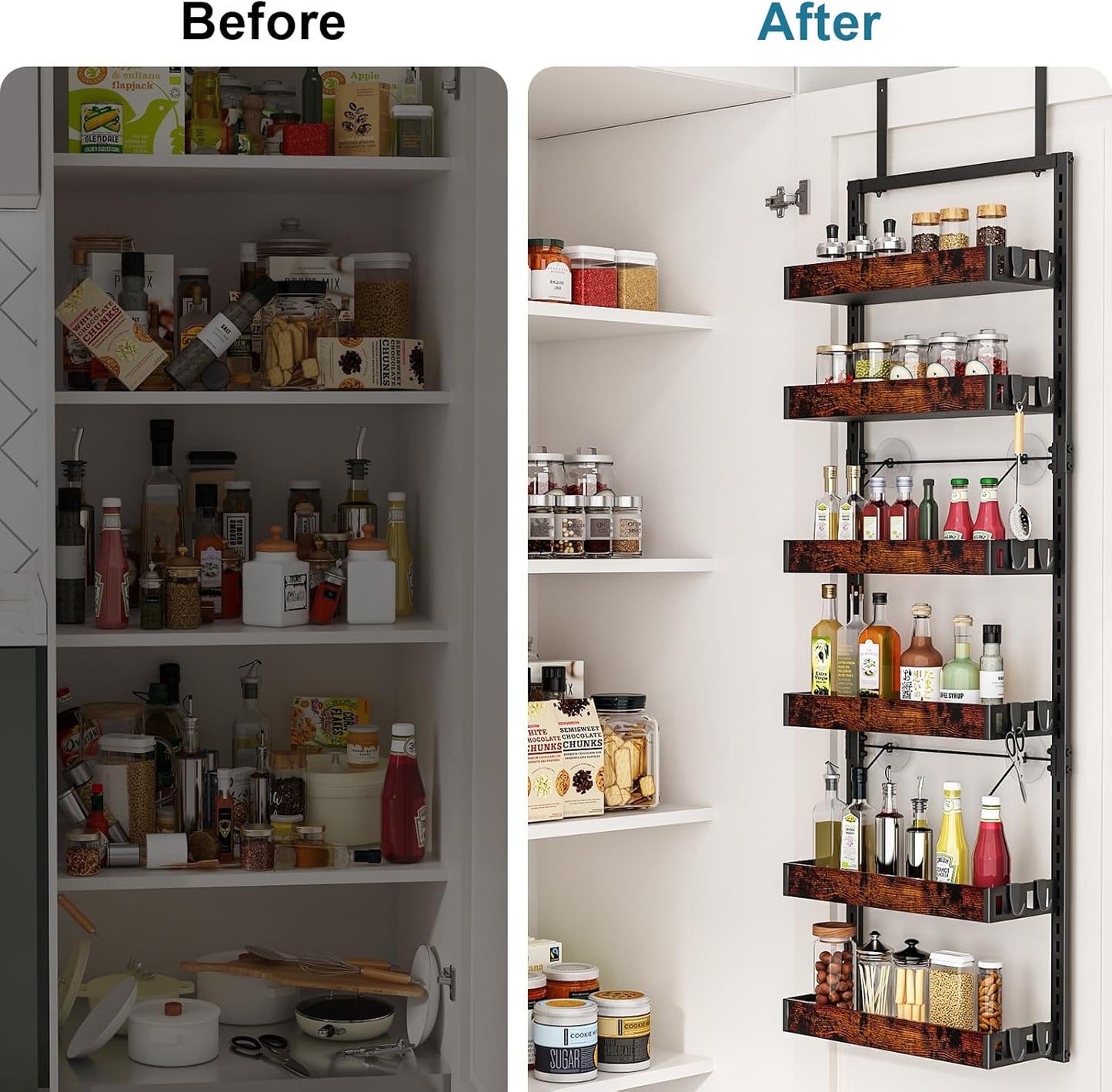 bukfen Over the Door Pantry Organizer, 6-Tier Adjustable Wooden Basket Kitchen Pantry Door Organization and Storage, Heavy-Duty Metal Hanging Kitchen Spice Rack,D6.3 x W17.71 x H50.60 inch,1 Pack