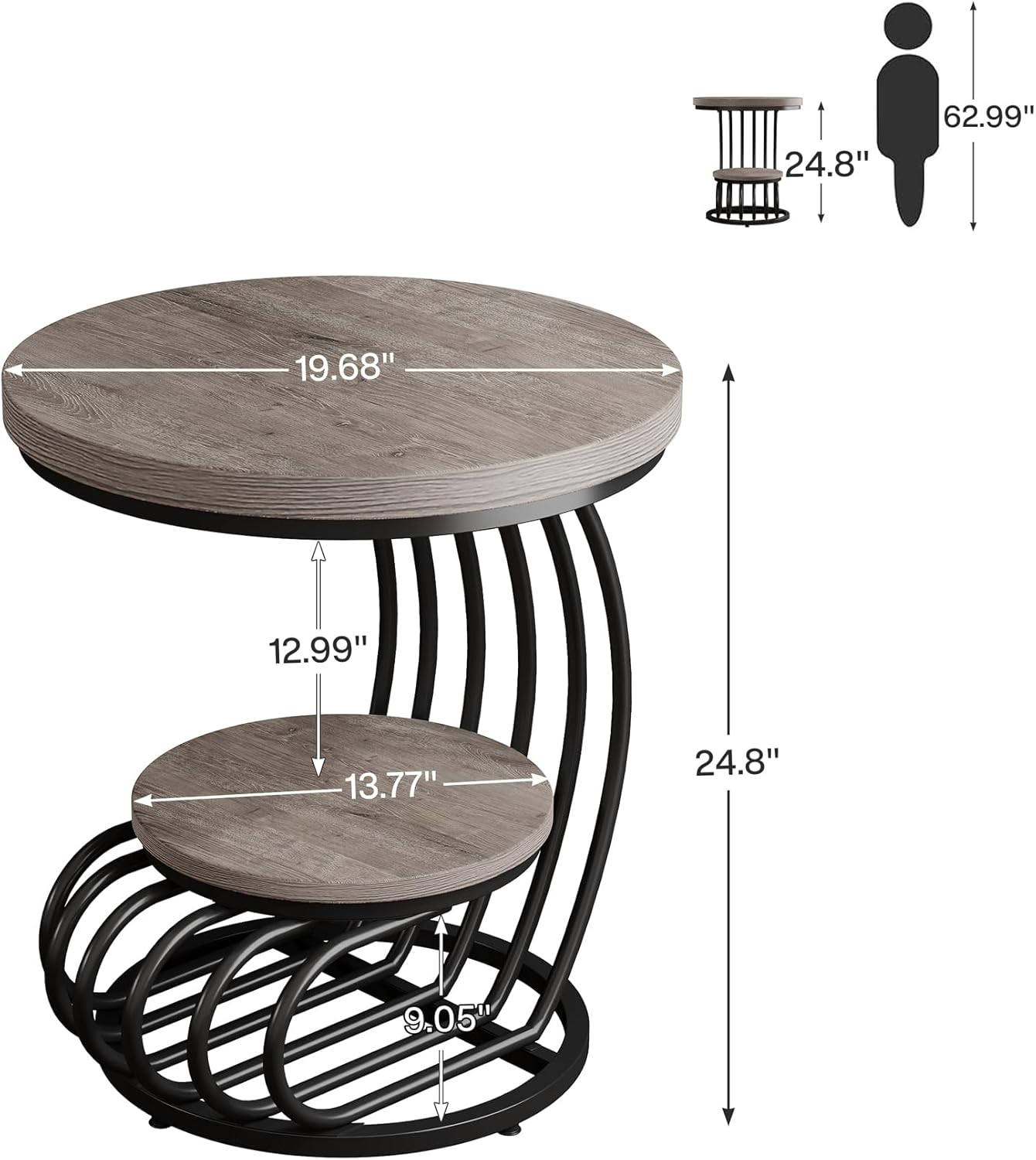 Tribesigns Round End Table: 2 Tiers Wood Side Table Set of 2 with Storage Shelf, Rustic Gray Bedside Nightstand, Accent Table for Living Room, Bedroom