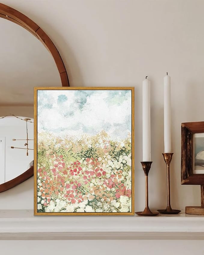 KBKBART Framed Wall Art for Bedroom Decor, Vintage Spring Flower Pictures Aesthetic, Farmhouse Wall Decor Meadow Floral Bathroom Canvas Oil Painting, Canvas Wall Art Summer Room Decor, Gifts for Friends or Family(12"x16")