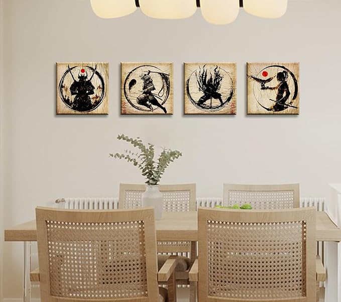 Japanese Decor Wall Art Retro Japanese Armored Samurai Painting Anime Posters Canvas Pictures Office Vintage Black Asian Modern Living Room Bedroom Artwork Framed Ready to Hang 12"X12"X4 Panels