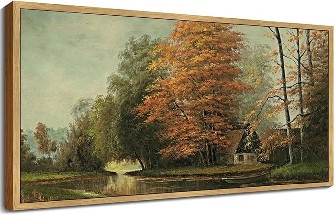 SHENIFY 20x40in Extra Large Vintage Framed Wall Art Countryside River Landscape Painting Retro Fall Scenery Farmhouse Bedroom Above of Bed Living Room Decor - Natural Framed