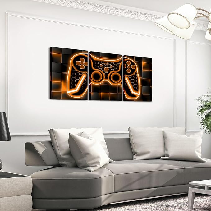 Feelyou Gamer Canvas Wall Art - 3 Piece Orange & Black Picture Decor, 12"x16", Gaming & Office Wall Artwork Posters