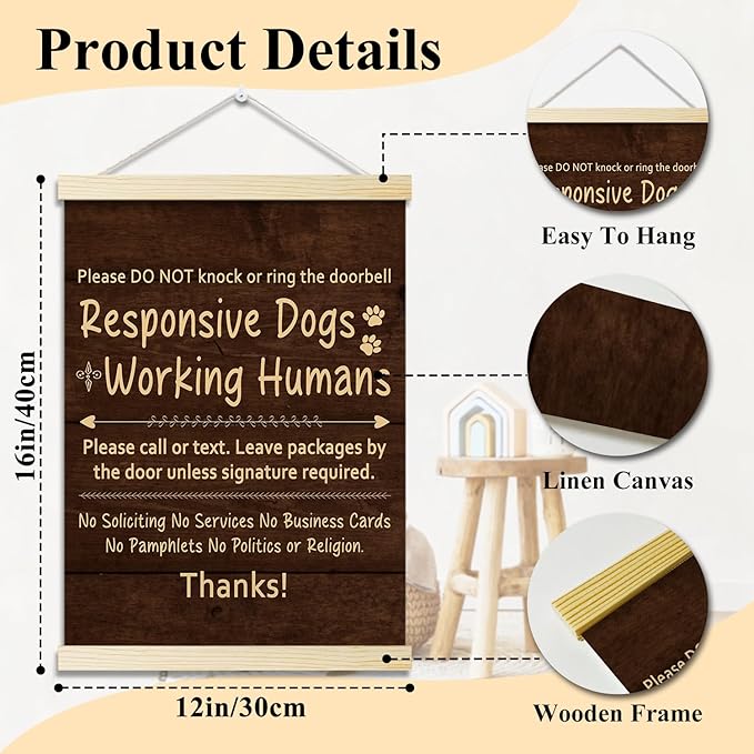 Dog Warning Posters Hanger Frame for Home Funny Dog Hanging Poster for Home Front Door Decor Do Not Knock Wall Art Decor for Dogs Mom Lovers Gifts Canvas Wall Art Print 16x12 Inches - YY054