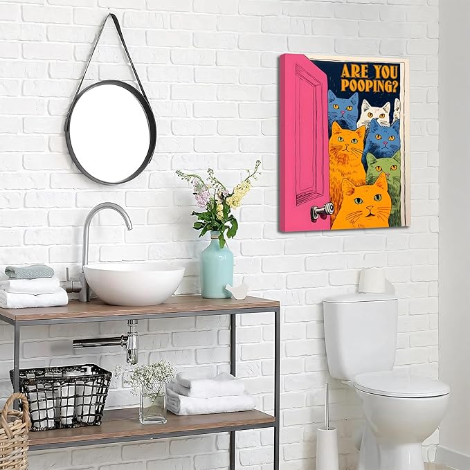 Yaneiro Funny Bathroom Cat Canvas Wall Art, Framed Cute Cat Prints Posters Wall Decor, Are You Pooping Sign Animal Pictures for Living Room Bedroom Toilet Kids Room Wall Paintings 16x24 in