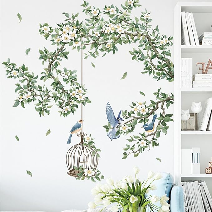 White Flower Wall Stickers, Removable DIY Romantic Cherry Blossom Tree Wall Murals Peel and Stick Wall Art Stickers Home Decor for Gilrs Bedroom Nursery Rooms Living Room