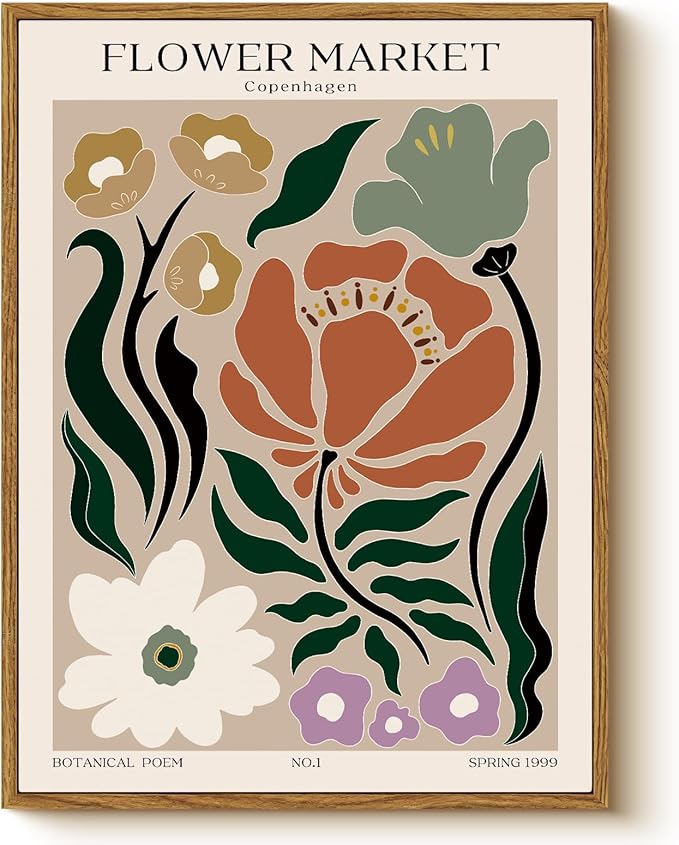 Vintage Botanical Flower Market Framed Wall Art 12x16, Boho Floral Illustration Canvas Print Living Room Bedroom Decor, Scandinavian Nordic Minimalist Modern Bathroom Aesthetic Artwork