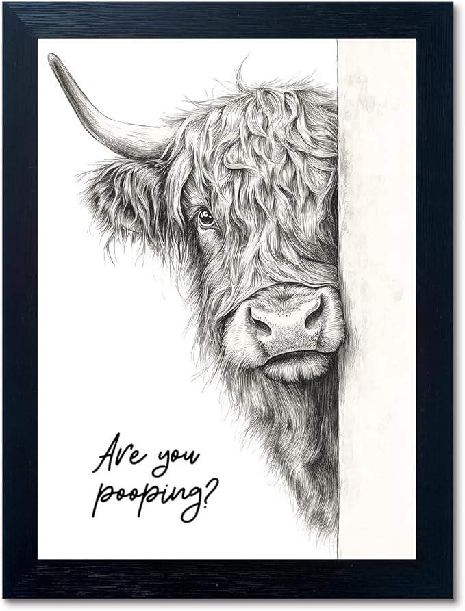 Funny Highland Cow Bathroom Wall Art - Rustic Farmhouse Wall Decor with Humorous Are You Pooping Canvas Print, Cute Animal Canvas Art for Restroom - Black Framed Cow Pictures Wall Decor Ready to Hang 11"x14"