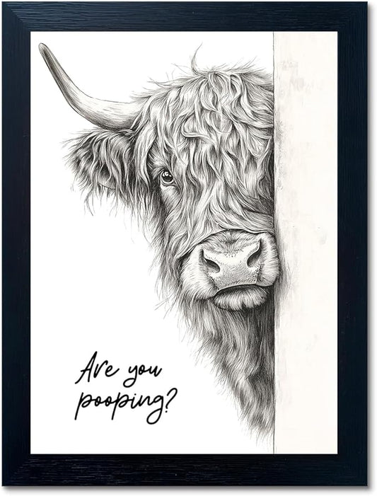 Funny Highland Cow Bathroom Wall Art - Rustic Farmhouse Wall Decor with Humorous Are You Pooping Canvas Print, Cute Animal Canvas Art for Restroom - Black Framed Cow Pictures Wall Decor Ready to Hang 16"x20"