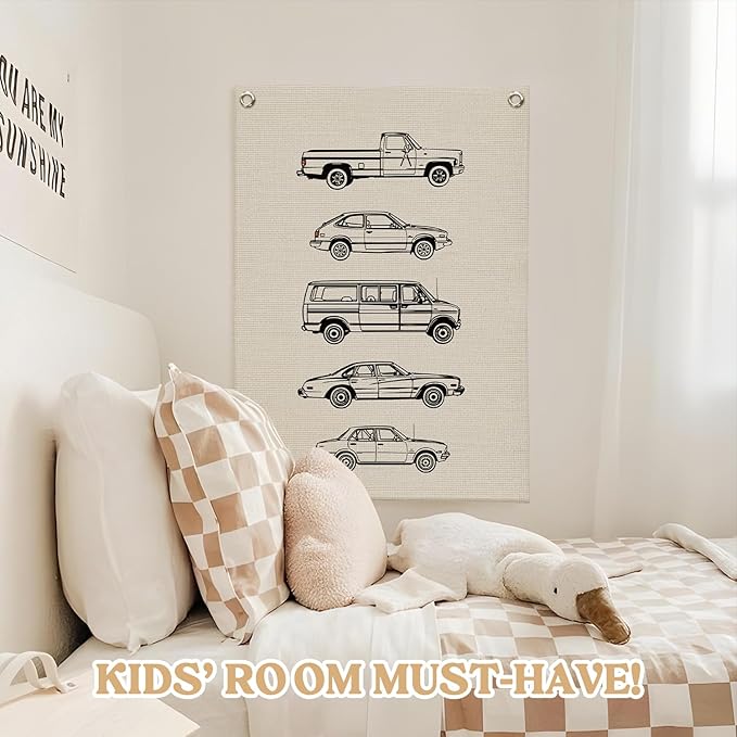 Toddler Boy Room Decor, Vintage Car Wall Decor Canvas Banner,Car Playroom Decor Wall Hanging Flag Banner for Little Boy Bedroom,Playroom Nursery 18x25 Inch