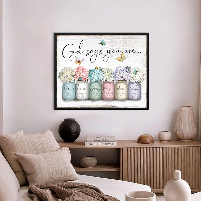Inspirational Bible Verse Wall Art: God Says You Are Wall Decor Framed Christian Painting 24" x 30",Hydrangea Flower in Mason Jar Prints Hanging Posters Religious Bedroom Decor for Women Girls