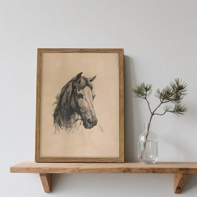 Framed Horse Wall Art, Vintage Horse Head Sketch Canvas Print, Farmhouse Animal Wall Decor, Classic Country Pictures Artwork for Living Room Bedroom Home Decor – 12x16 inch
