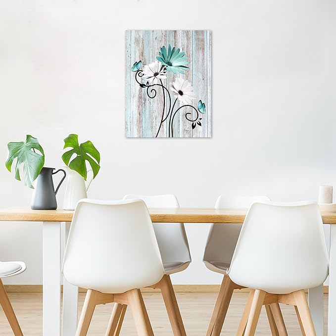 HVEST Teal Daisy Wall Art Vintage Flower and Butterfly on Rustic Wooden Abstract Painting Farmhouse Plant Wall Art for Bathroom Living Room Bedroom Kitchen Decor Ready to Hang, 10Lx8W Inches