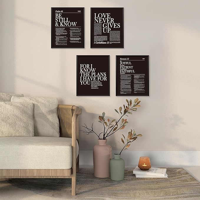 Locomiss Black and White Christian Wall Art Decor, Modern Black Minimalist Jesus Scripture Wall Decor, Inspirational Bible Verse Posters for Bedroom Office Living Room, Set of 4 (8x10 Unframed)
