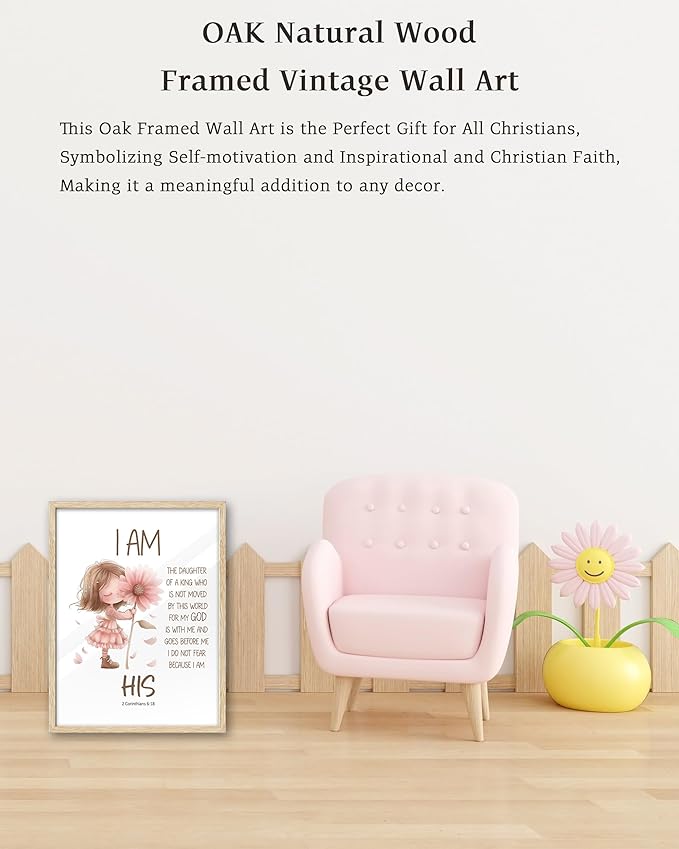 KensTro Natural OAK Wood Nursery Decor Framed Wall Art, 12x16 in Inspirational Christian Bible Verse Wall Art,I Am a Daughter of The King Scripture Pink Print for Girls Playroom Bedroom Decor Set of 1