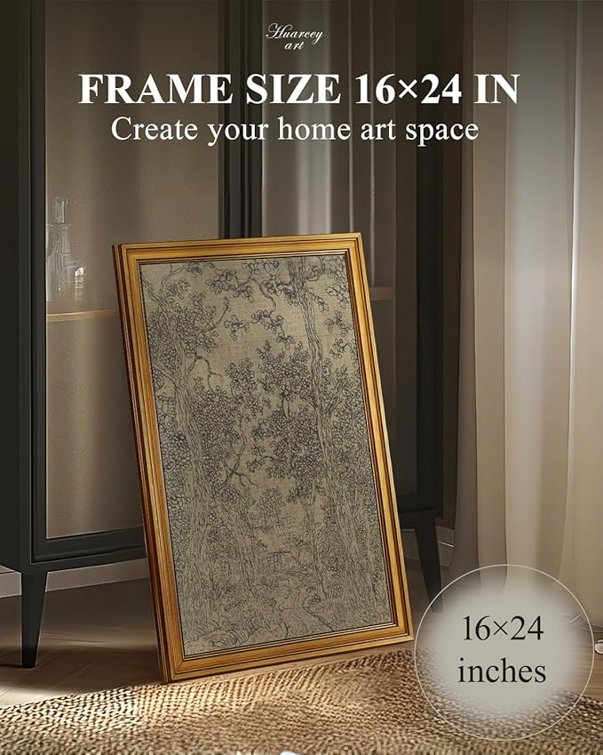 HUARCEY Gold Framed Canvas Wall Art, Antique Sketch Landscape Pictures Vintage Decor, Bedroom Kitchen Shelf Decor, Dark Moody Retro Country Farmhouse Canvas Paintings, 16x24inch