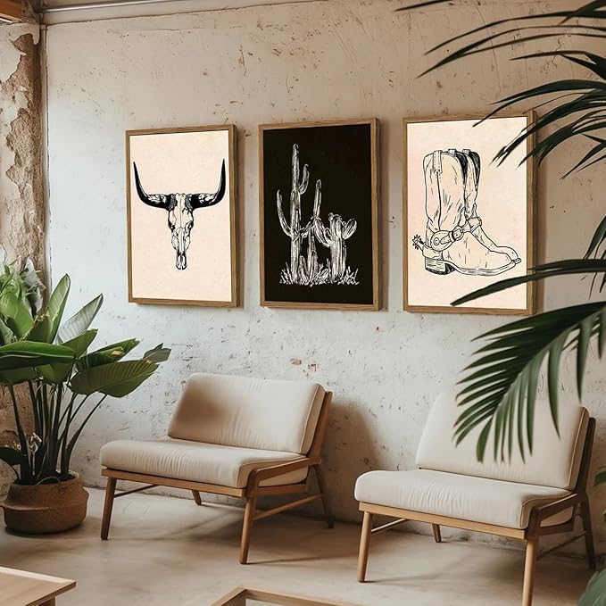 Vintage Western Wall Art Set of 3, Southwestern Cowboy Wall Decor Paintings, Black and White Longhorn Bull Skull Canvas Prints for Bedroom Living Room 16x24 inch Wood Framed