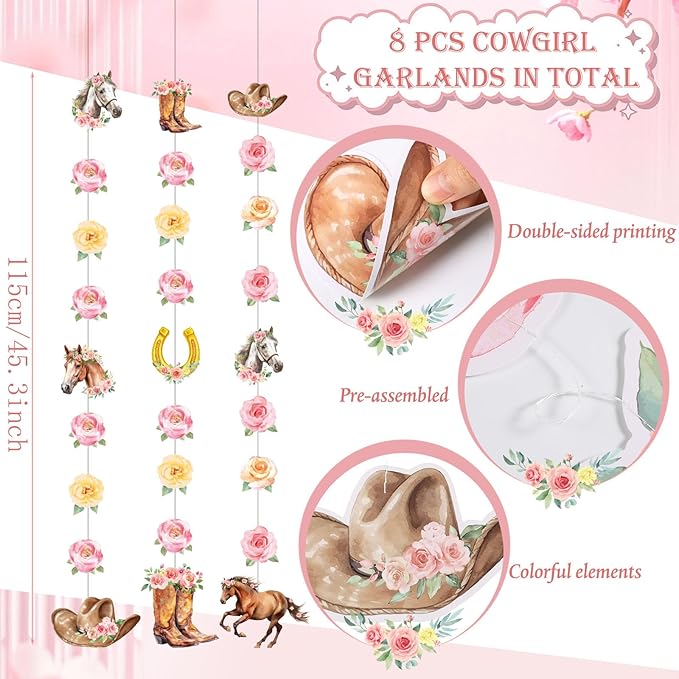 8 Pcs Cowgirl Party Decorations Pink Girl Horse First Birthday Hanging Garlands Watercolor Floral Rose Western Horse Paper Cutouts Streamers for Wild West Cowgirl Baby Shower Party Supplies