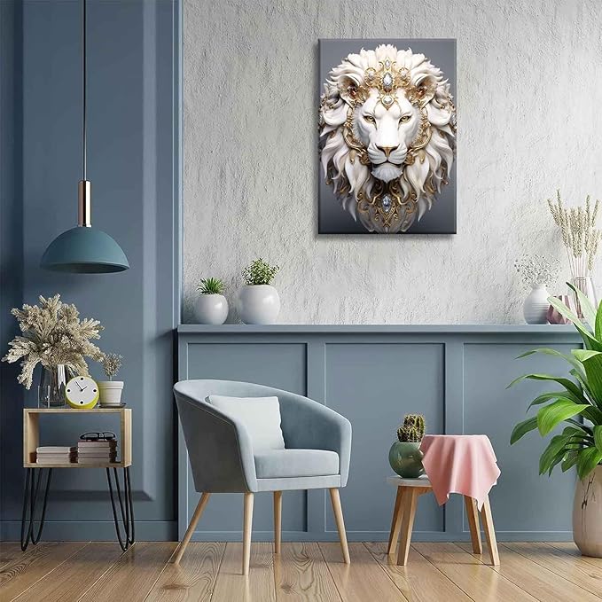 White Lion Canvas Wall Art Wild Animal Portraits Avatar Pictures Painting Decor Modern Large Gold Diamond Beast Posters Prints for Dining Living Room Bedroom Home Decoration