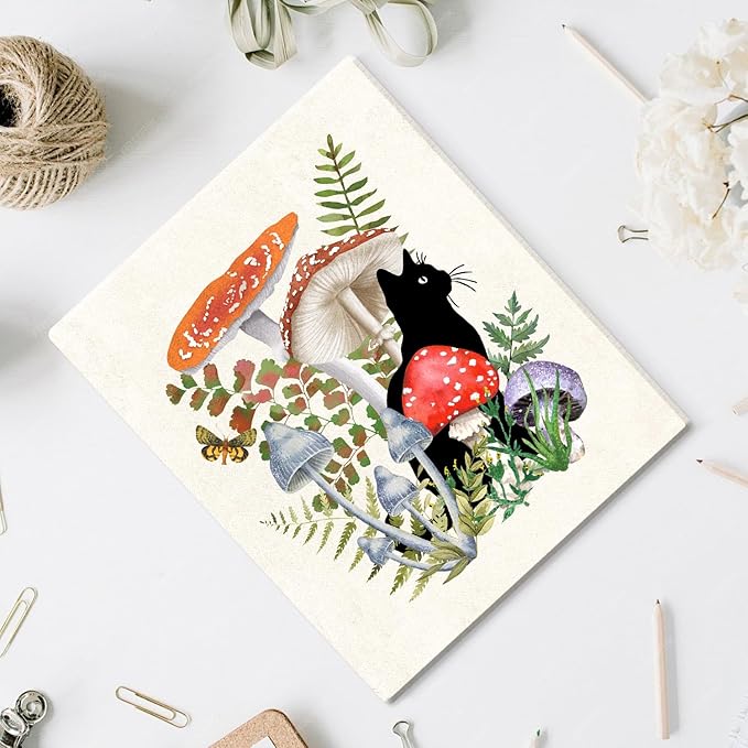 CHDITB Black Cat Canvas Wall Art, Vintage mushroom and cat Wall Decor, Nature Artwork Fantasy Fungus Feline Poster Retro Aesthetic Art Prints For Cats Lover Living Room Bedroom Decor (8X10 Inch)