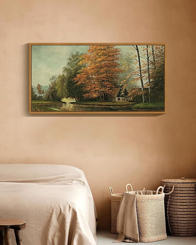 SHENIFY 20x40in Extra Large Vintage Framed Wall Art Countryside River Landscape Painting Retro Fall Scenery Farmhouse Bedroom Above of Bed Living Room Decor - Natural Framed