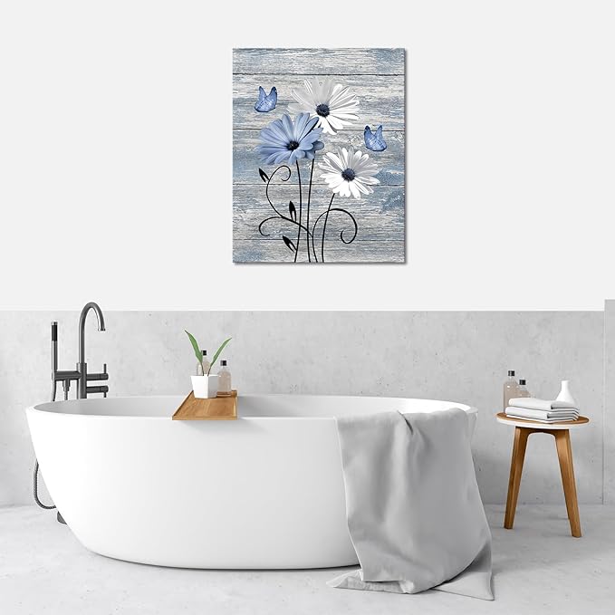MYUSRE Blue and White Flower Wall Art for Bathroom, Farmhouse Daisy with Butterfly on Retro Wooden Canvas Wall Art Country Wildflower Pictures for Bedroom Home Wall Decor, 20L X 16W inches