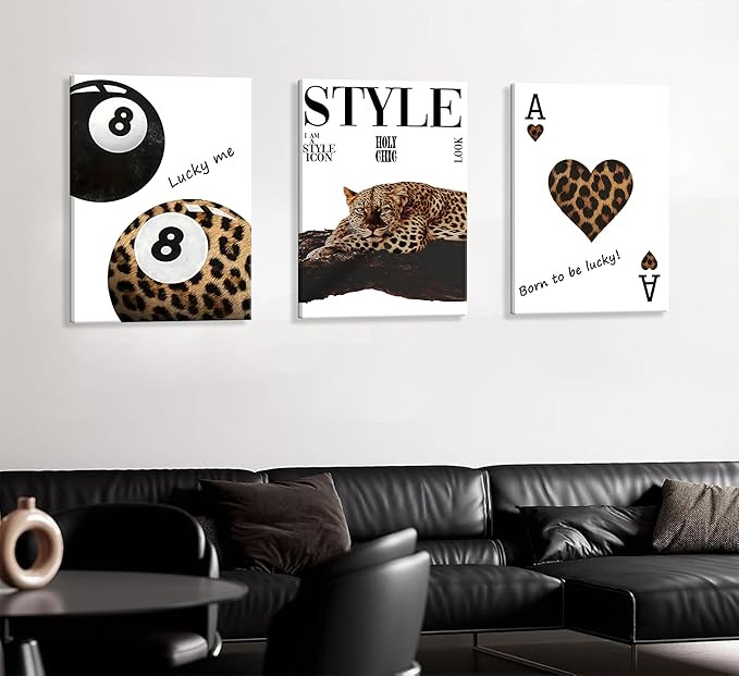 3pcs Framed Fashion Leopard Print Canvas Wall Art Cheetah Paintings Wall Decor Stylish Lucky 8 Ball Posters Prints College Style Room Aesthetic Pictures for Girls Bedroom Apartment Dorm Decoration
