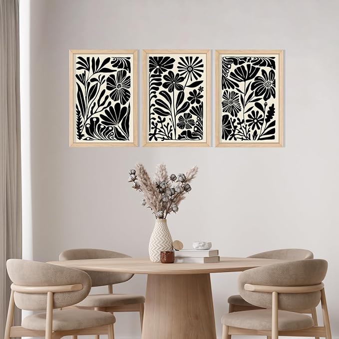 YWJKWLGS Black and White Abstract Floral Botanical Wall Art, 3 piece, 16x24 Inch, Vintage Boho Plant Flower Minimalist, Mid Century Print sign Frame for Bedroom Living Room Office (Wood)