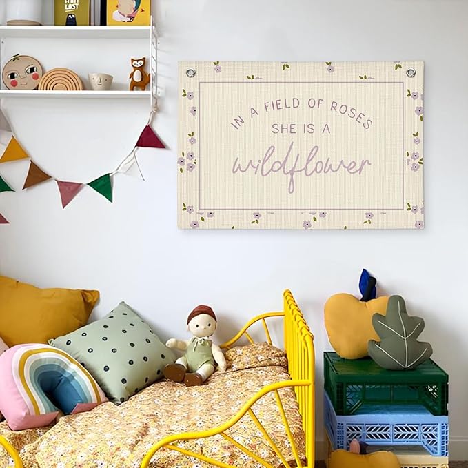 Wildflower Nursery Decor, Girls Room Decor - In a Field Full of Roses She Is a Wildflower Pink Linen Banner Flag for Little Girl Baby Girl - Purple Wildflower