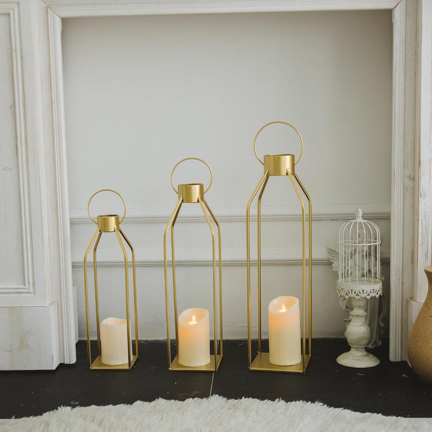 HPC DECOR Modern Farmhouse Lantern Decor- 22''19''16''Tall Large Gold Metal Candle Lanterns for Home Decor-Lanterns Decorative w/Timer Flickering Candles for Living Room,Outdoor,Fireplace Mantle Decor