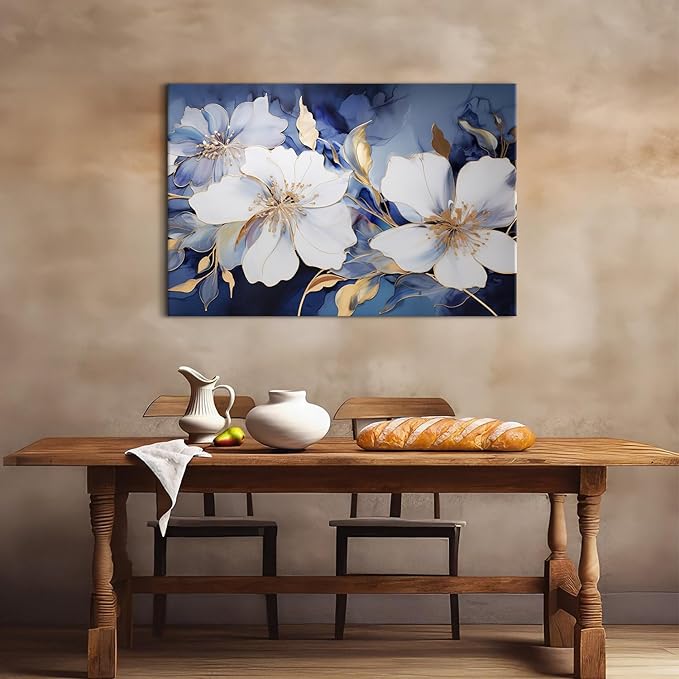 Abstract Floral Wall Art Marble Ink Painting Navy Blue and Gold Wall Decor Large Living Room Wall Art 32x48", Watercolor Blossom Floral Painting Poster Modern Frames Artwork Home Bedroom Decorations
