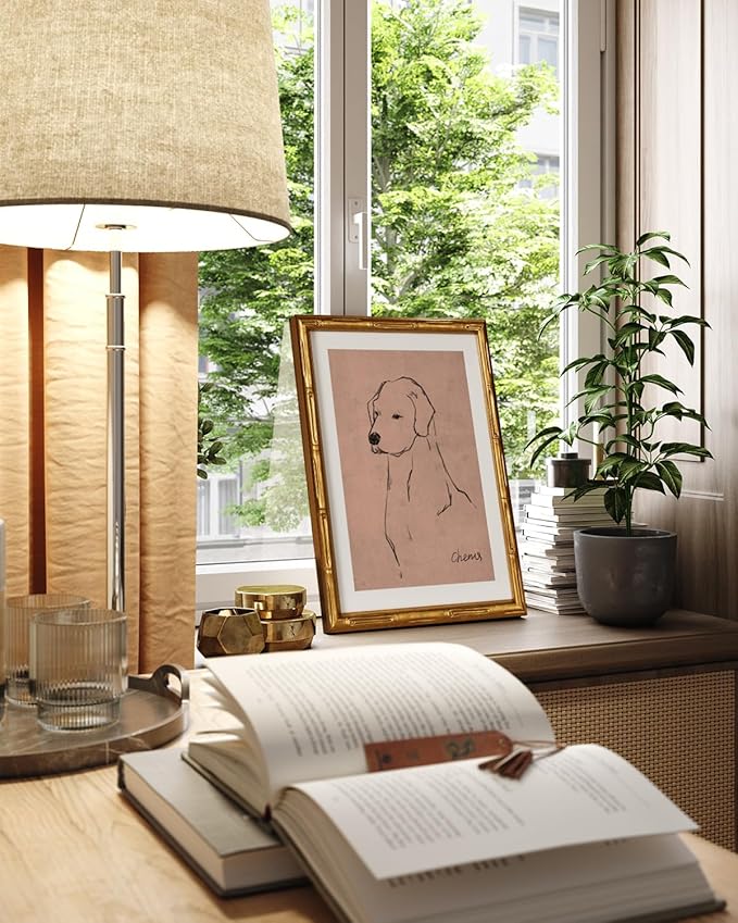 InSimSea Gold Bamboo Framed Canvas Wall Art, Minimalist Dog Sketch Animal Paintings, Antique Vintage Picture Frame with Mat, Victorian Home Wall Decor for Living Room Bedroom Gallery, 11x14inch