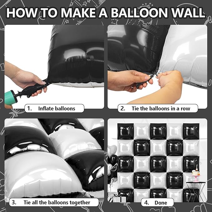 NISOCY 25PCS Black White Square Foil Balloons Wall Backdrop Double Sided Black Pearl White Balloons Arch Kit for Birthday Wedding Anniversary Bridal Baby Shower Graduation Party Decorations